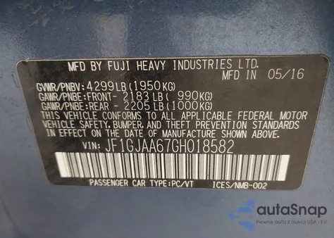 2016 Subaru Impreza 2.0I from USA, damaged, VIN JF1GJAA67GH018582